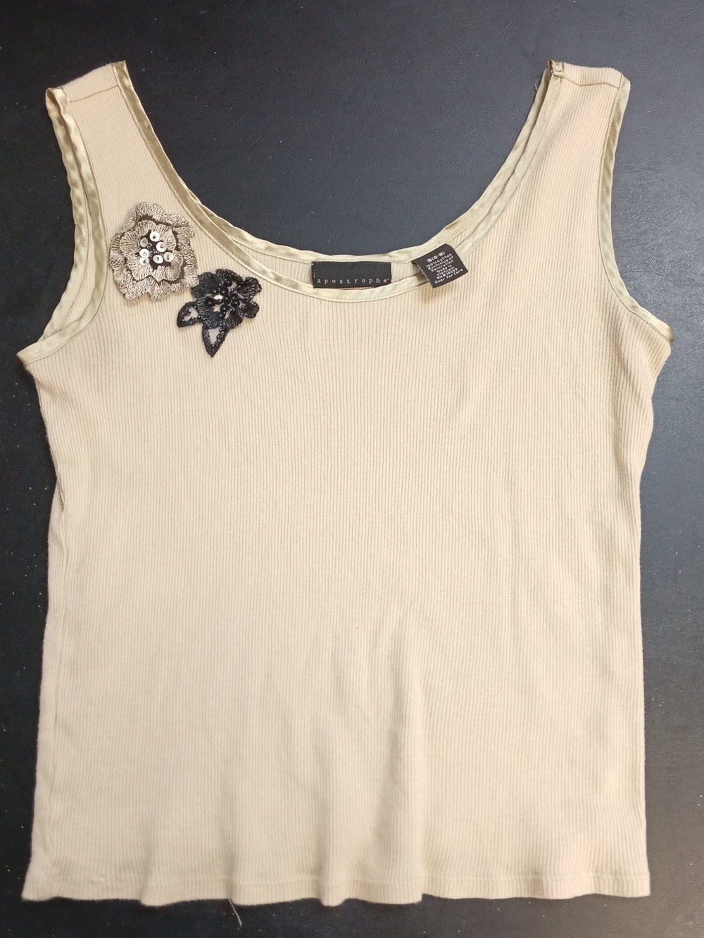 Apostrophe Cream Ribbed Tank Top with Floral Embellishments